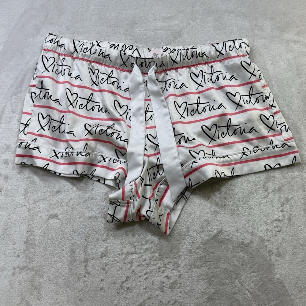 Victoria's Secret Satin Logo Sleep Shorts Small White Pink Black Lounge Pajama